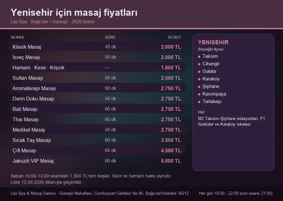 Yenisehir sayfası için Lila Spa masaj fiyat tablosu: seans, süre ve ücret listesi