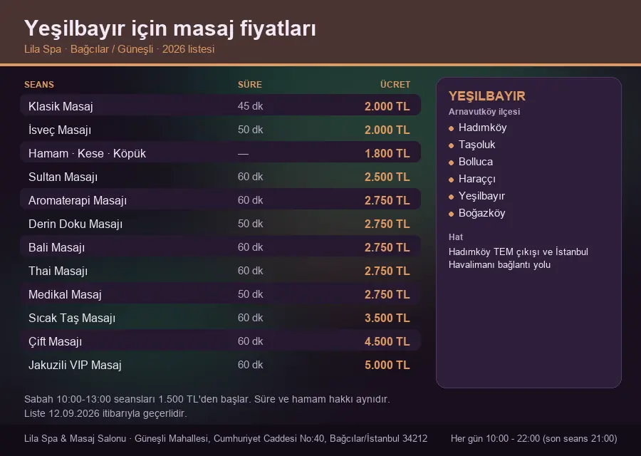 Yeşilbayır sayfası için Lila Spa masaj fiyat tablosu: seans, süre ve ücret listesi