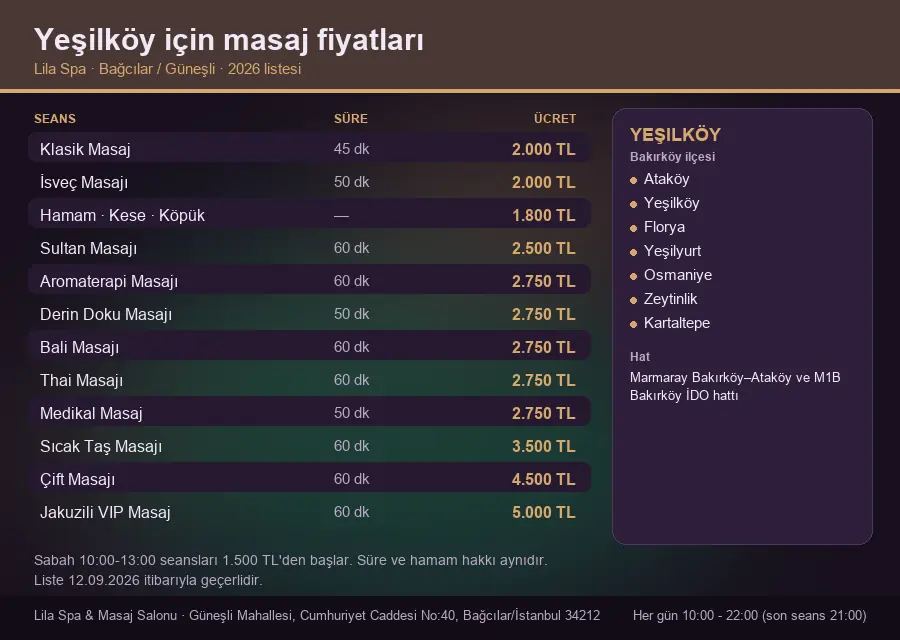 Yeşilköy sayfası için Lila Spa masaj fiyat tablosu: seans, süre ve ücret listesi