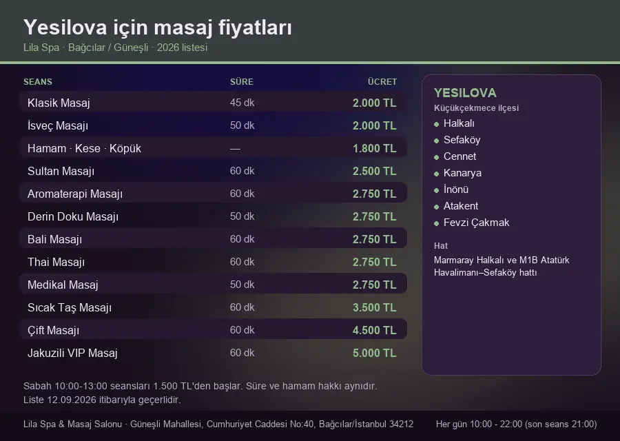 Yesilova sayfası için Lila Spa masaj fiyat tablosu: seans, süre ve ücret listesi
