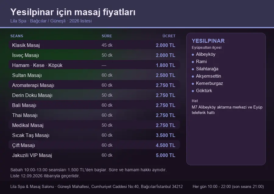 Yesilpinar sayfası için Lila Spa masaj fiyat tablosu: seans, süre ve ücret listesi
