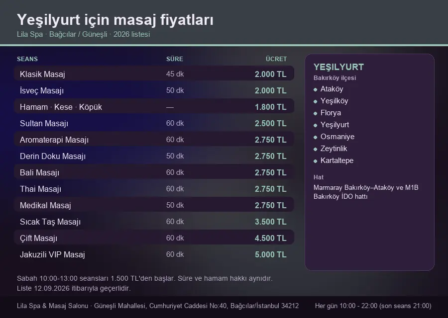 Yeşilyurt sayfası için Lila Spa masaj fiyat tablosu: seans, süre ve ücret listesi
