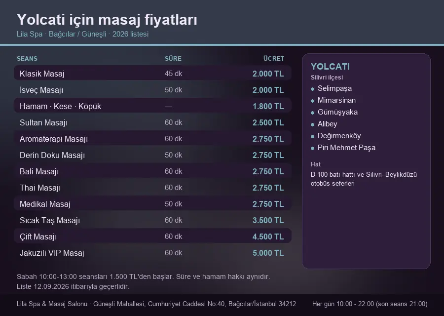 Yolcati sayfası için Lila Spa masaj fiyat tablosu: seans, süre ve ücret listesi