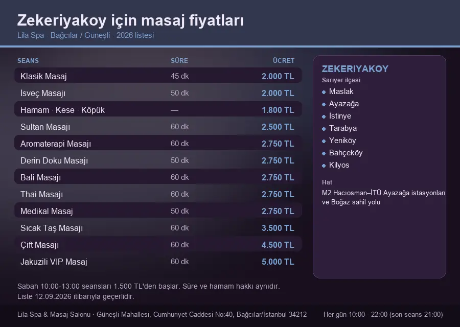 Zekeriyakoy sayfası için Lila Spa masaj fiyat tablosu: seans, süre ve ücret listesi