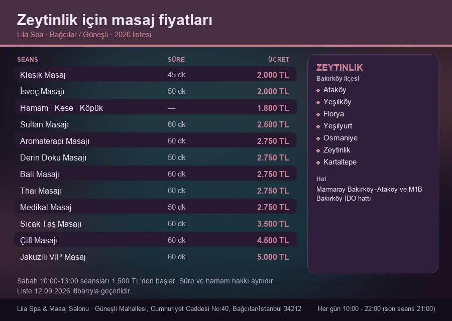 Zeytinlik sayfası için Lila Spa masaj fiyat tablosu: seans, süre ve ücret listesi