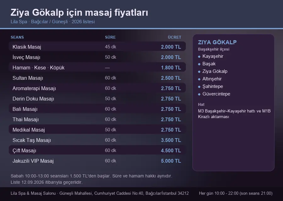 Ziya Gökalp sayfası için Lila Spa masaj fiyat tablosu: seans, süre ve ücret listesi